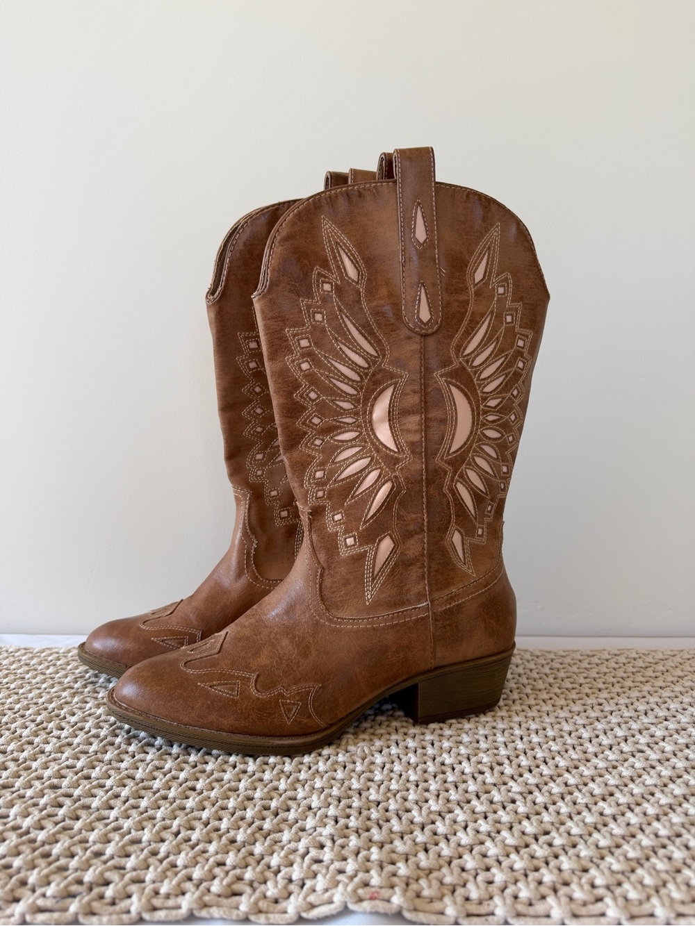 Brown faux Leather Western Cowboy Boots with Embroidered Design